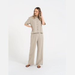 BEŻOWA koszula DAMSKA z LNU i WISKOZY, ELEGANCKA, KOŁNIERZ MORAJ